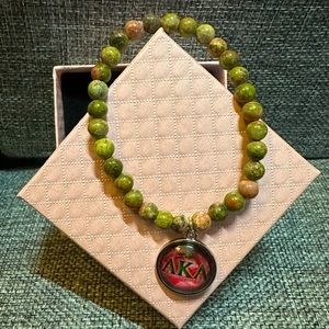 AKA Charm on Natural Unakite 6mm 7.5” Pink and Green Crystal Stretch Bracelet